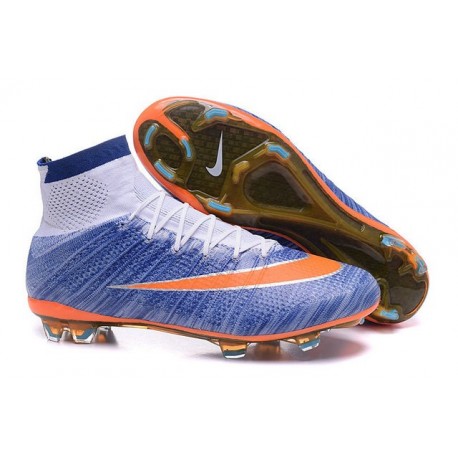 Nouveau Chaussures de Football Nike Mercurial Superfly 4 FG Bleu Orange Blanc