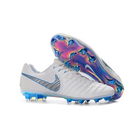 Nouveau Crampons foot Nike Tiempo Legend VII Elite FG Blanc Gris Métallique Bleu Héros